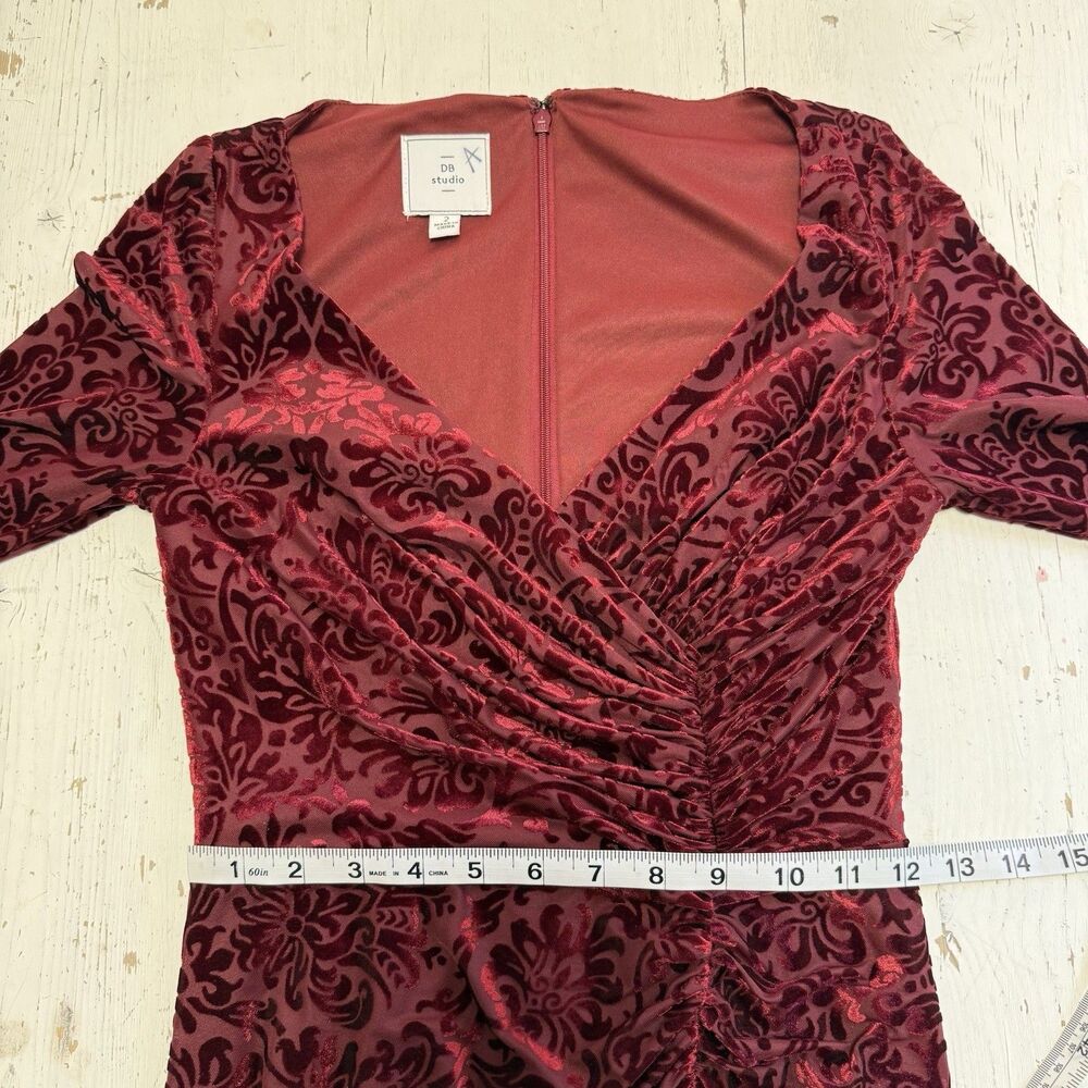 Davids Bridal Dress Burgandy Wine Red 2 Victorian Velvet Print Ruched Party Date - Picture 13 of 16